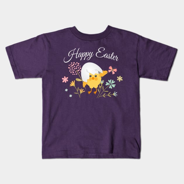 Happy Easter Hatched Chick w Flowers Kids T-Shirt by letnothingstopyou